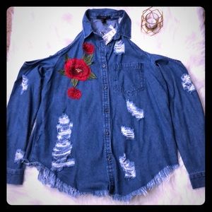 Forever 21 cold shoulder denim distressed blouse